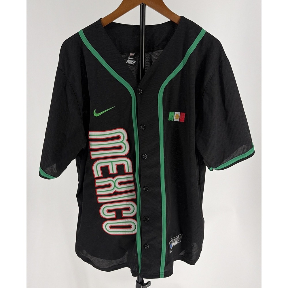 Nike Mexico MLB Baseball Jersey Button-Front Black with Green Trim